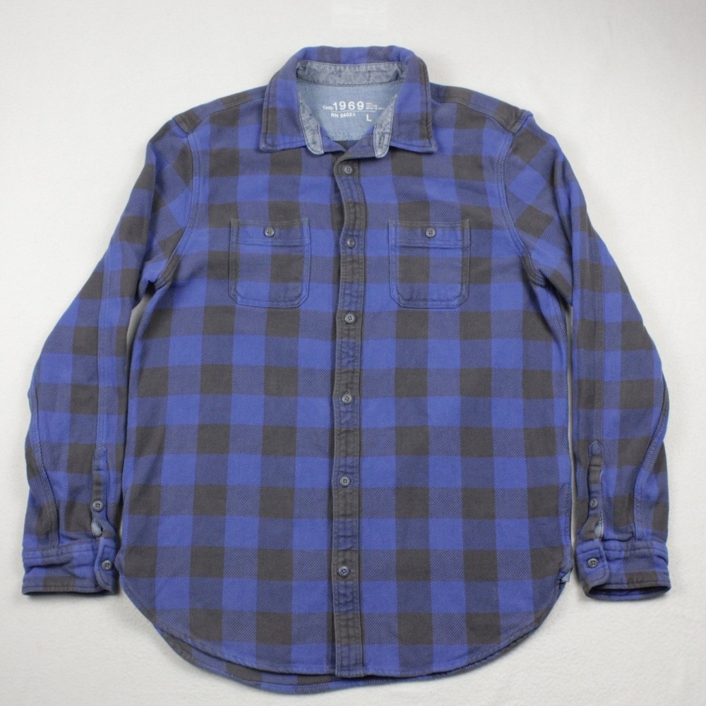 Vintage Gap Flannel Shirt Mens L Blue Brown Buffalo Plaid Grunge Workwear